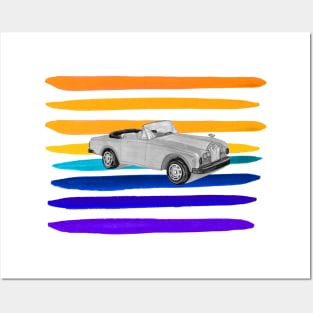 Gouache colorful lines with black and white convertible car Posters and Art